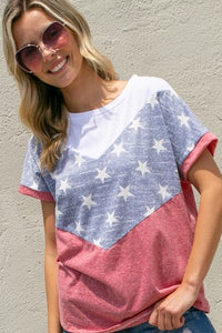 AMERICAN FLAG PRINT MIXED ROUND NECK SHORT SLEEVE TOP