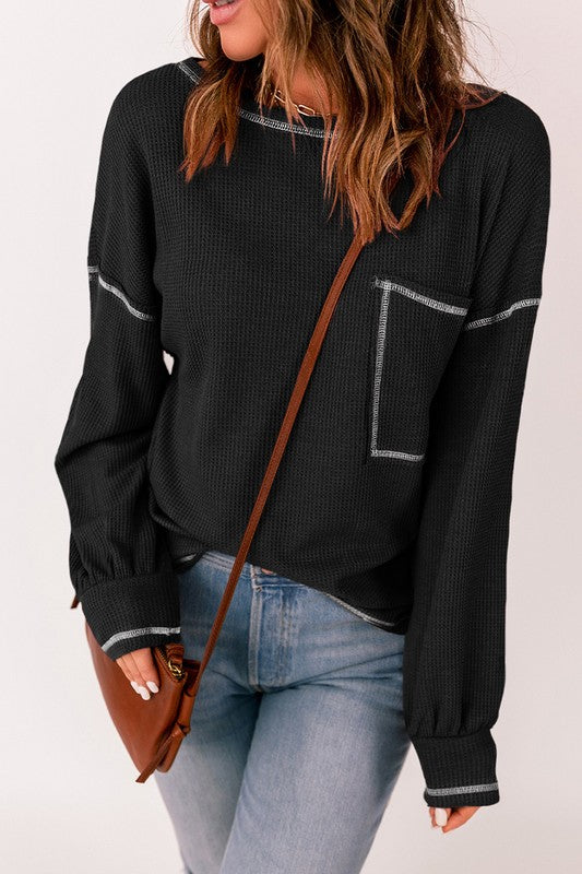Contrast Stitching Trim Waffle Knit Pullover-Black