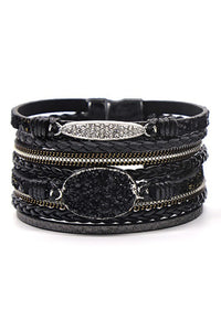 Multi Strand Leather Bracelet with Black Druzy