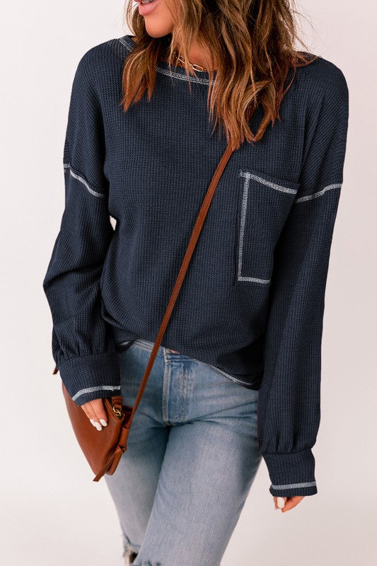 Contrast Stitching Trim Waffle Knit Pullover-Blue