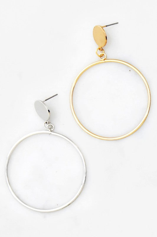 Metal Circle Drop Earrings. Gold or Silver Plated