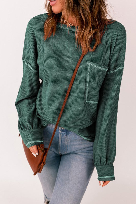 Contrast Stitching Trim Waffle Knit Pullover-Green