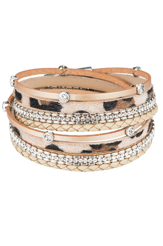 Multi Strand Leather Bracelet-Leopard print Khaki