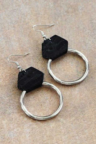 Round Silver Ring Earrings with Black Leather Accent