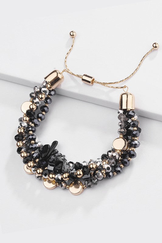 Black Natural Stone and Crystal Beaded Bracelet