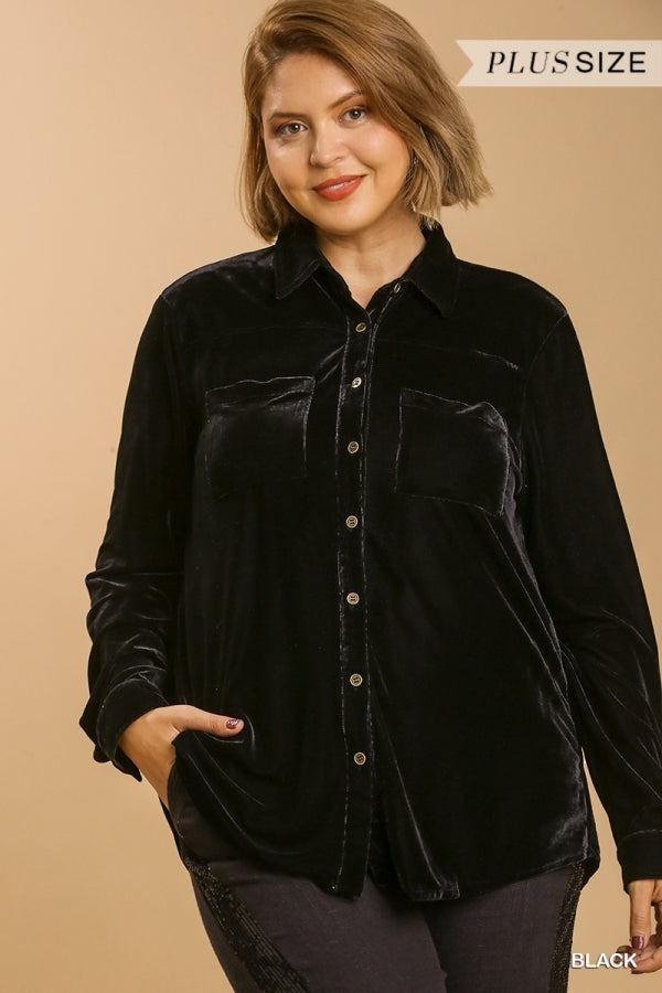 Velvet Button Up Top with Pockets