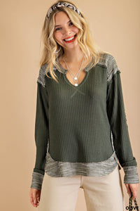 SOFT THERMAL CONTRAST ROUND BOTTOM  PATCH LONG SLEEVE TOP