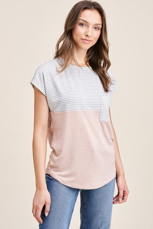 COLOR BLOCK ROUND NECK SHORT SLEEVE TOP