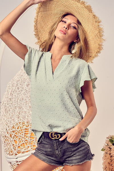 SWISS DOT V-NECK TOP WITH RUFFLED SLEEVES