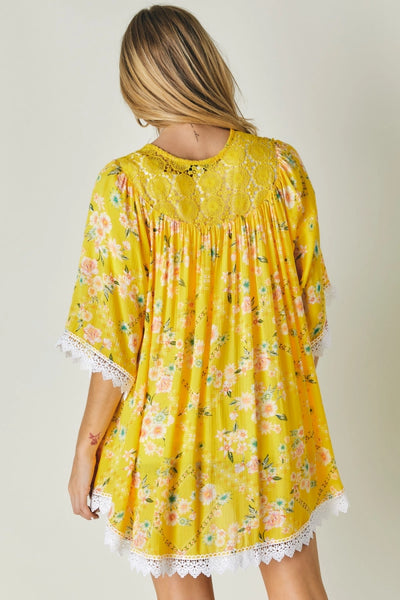 FLORAL PRINTED 3/4 SLEEVE KIMONO WITH LACE